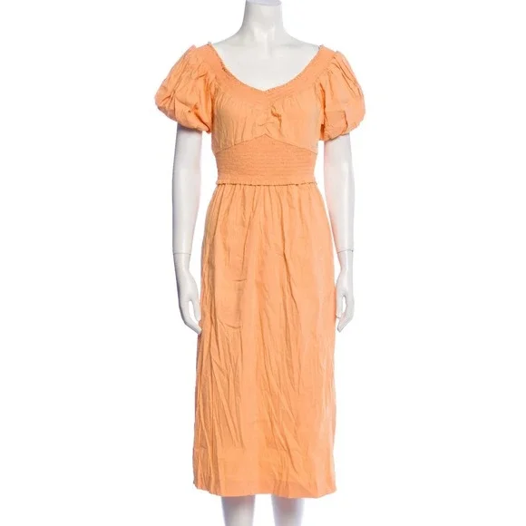 ALC Peach Smocked Puff Sleeve Linen Blend Midi Dress Size 6 - Picture 1 of 8